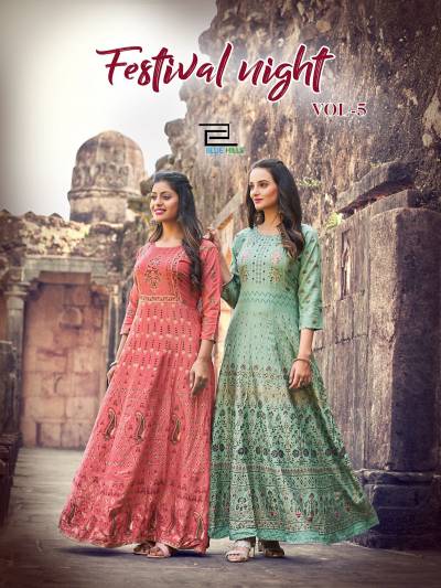 Festival Night Vol 5 By Blue Hills Fancy Rayon Flared Kurti Collection